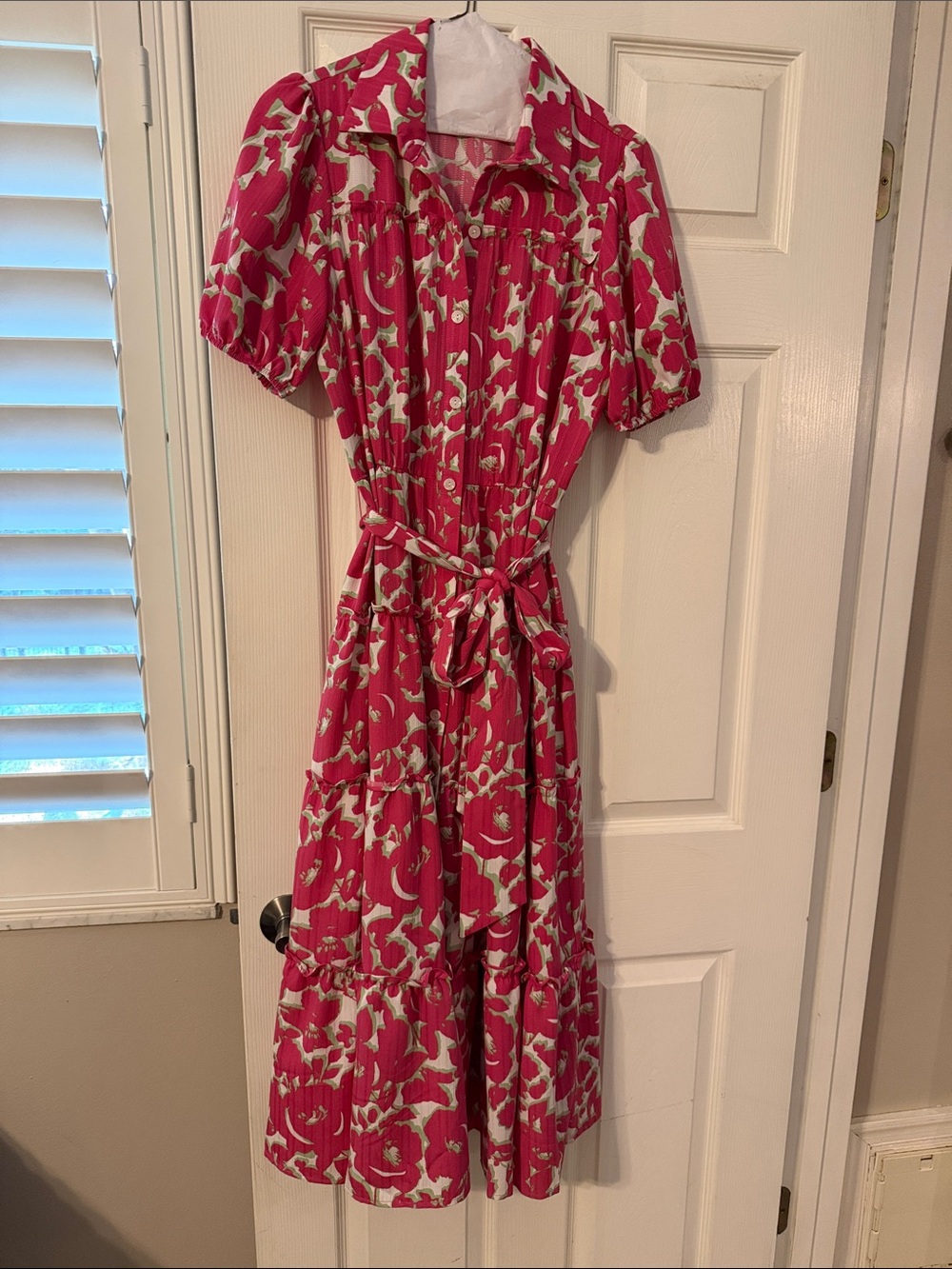 Pink Floral Button-Front Midi Dress with Tie Waist
